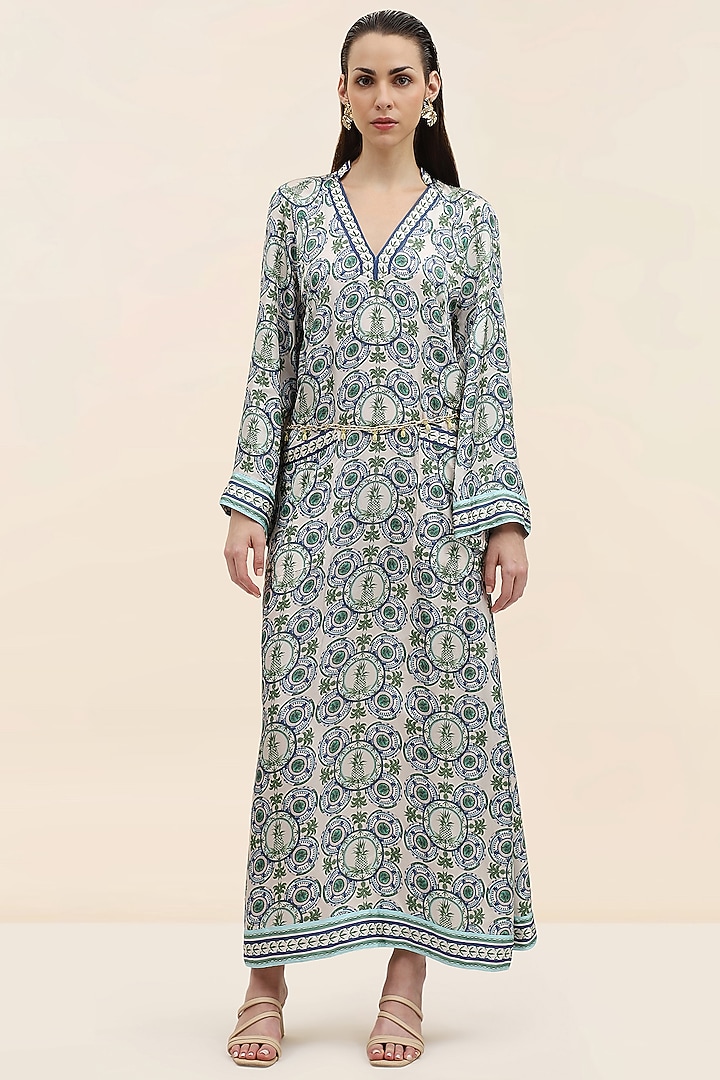 Azure Blue Twill Printed Kaftan by TANGERINE  at Pernia's Pop Up Shop
