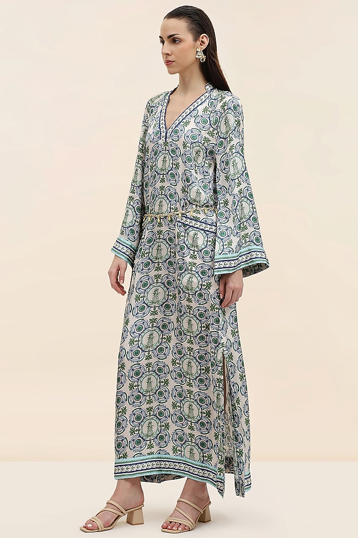 Azure Blue Twill Printed Kaftan by TANGERINE at Pernia's Pop Up Shop