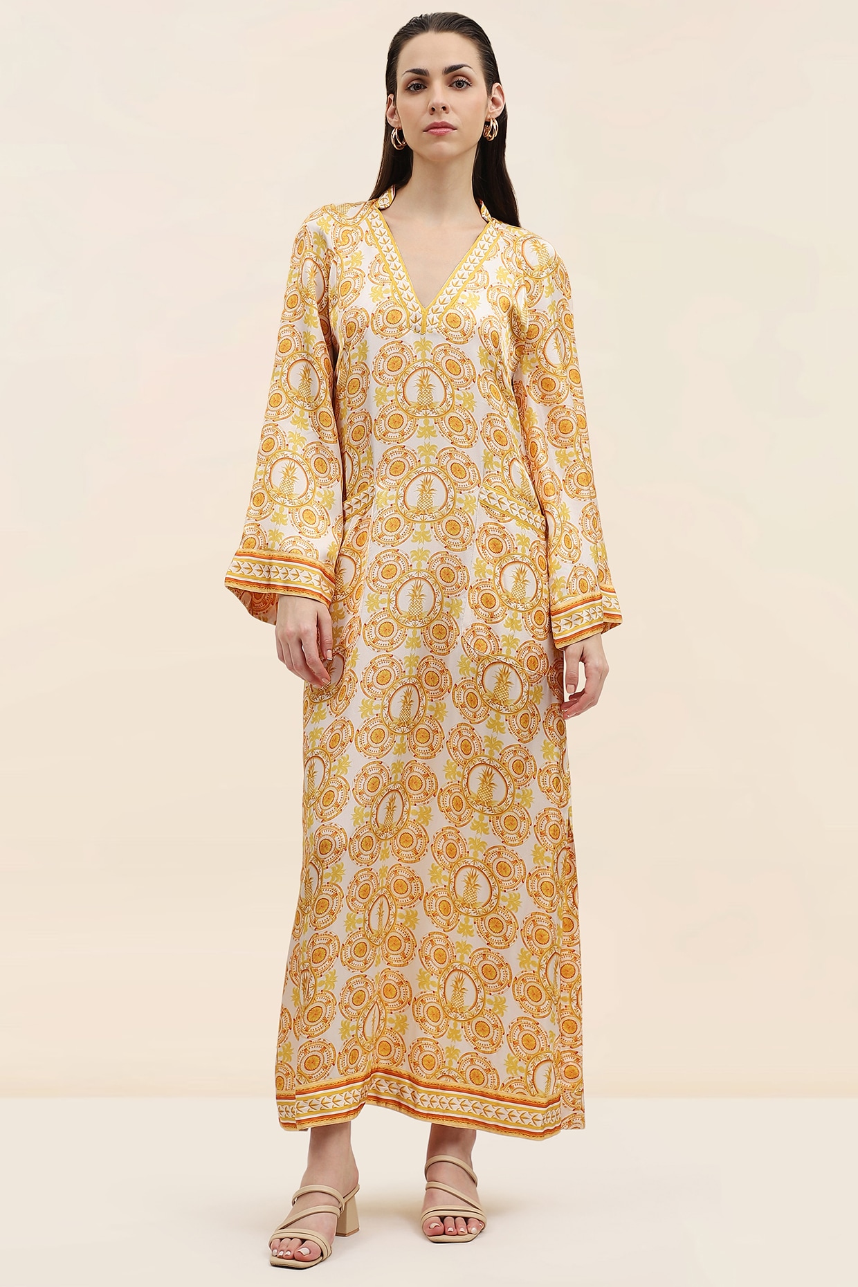 TANGERINE Yellow Twill Printed Kaftan