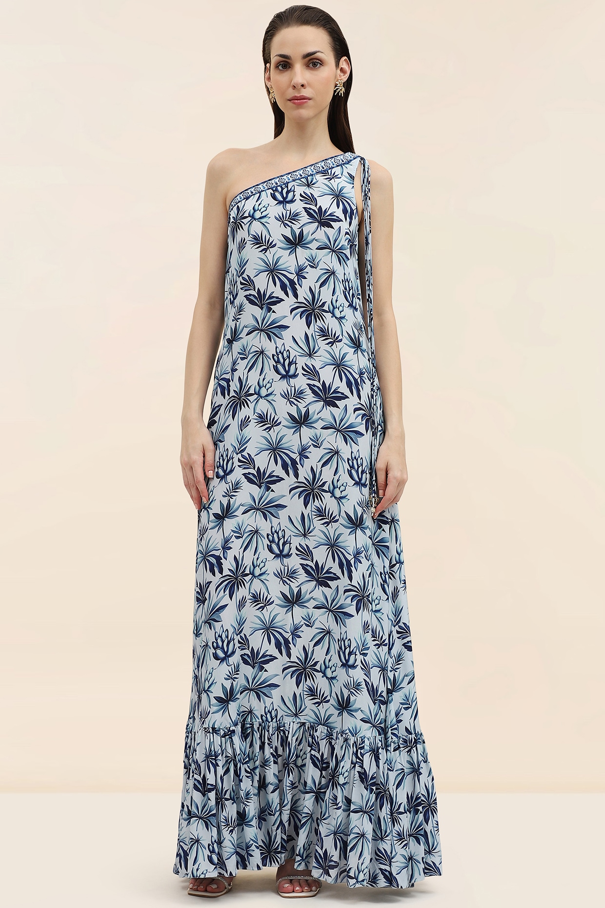 TANGERINE Blue Crepe Palm Printed Maxi Dress