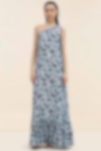 Blue Crepe Palm Printed Maxi Summer Dress by TANGERINE at Pernia's Pop Up Shop