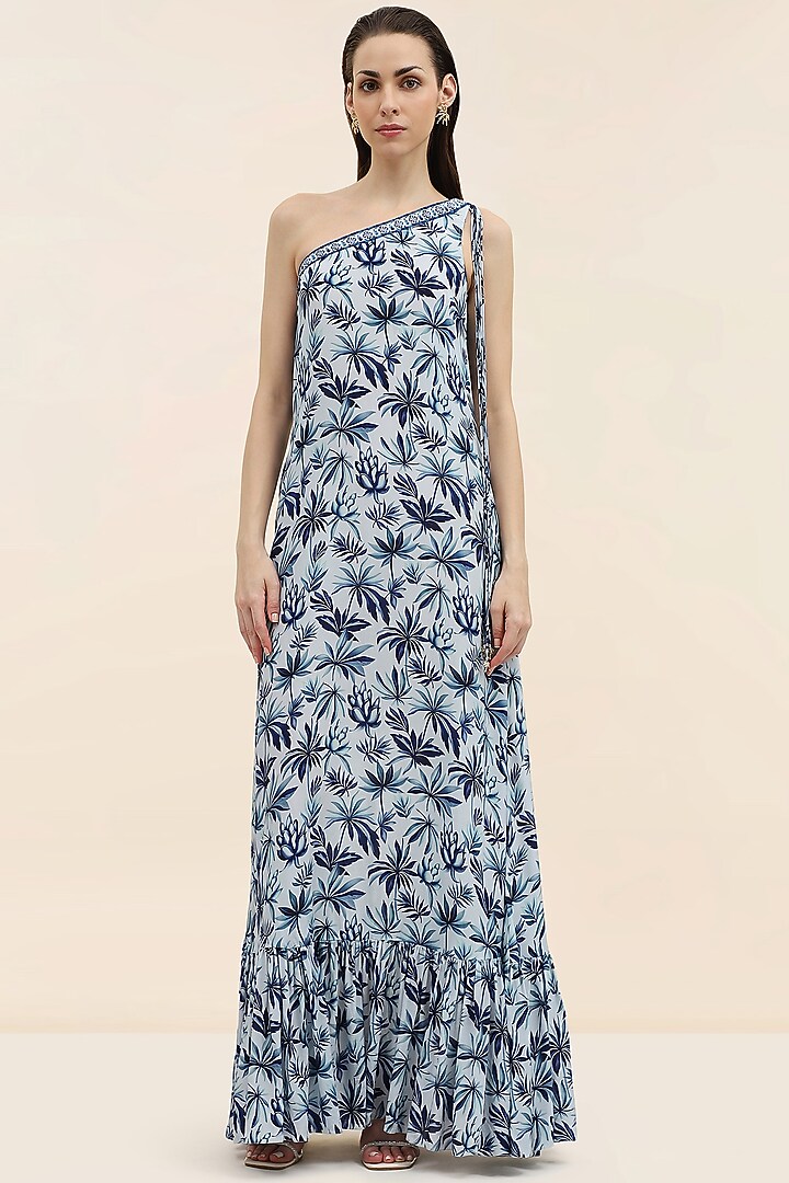 Blue Crepe Palm Printed Maxi Summer Dress by TANGERINE at Pernia's Pop Up Shop