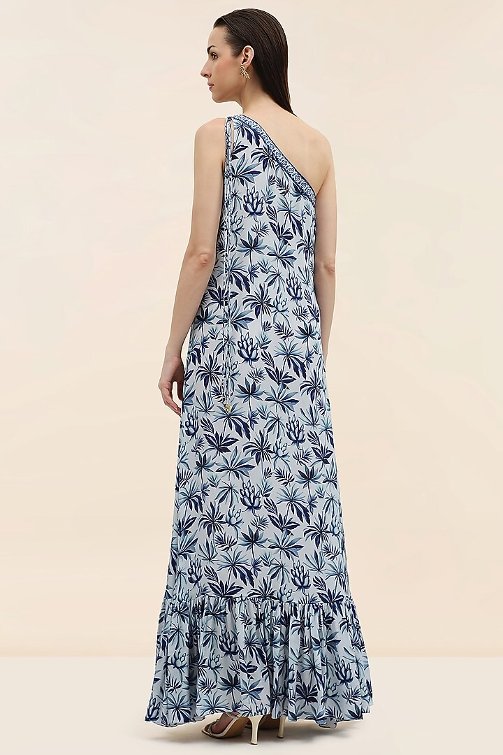 Blue Crepe Palm Printed Maxi Summer Dress by TANGERINE at Pernia's Pop Up Shop