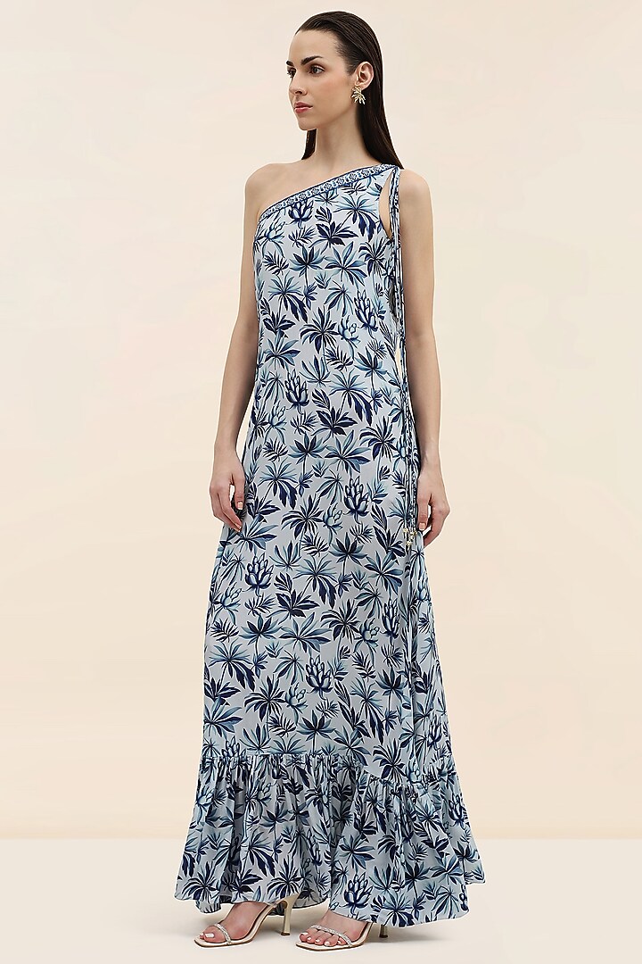 Blue Crepe Palm Printed Maxi Summer Dress by TANGERINE at Pernia's Pop Up Shop
