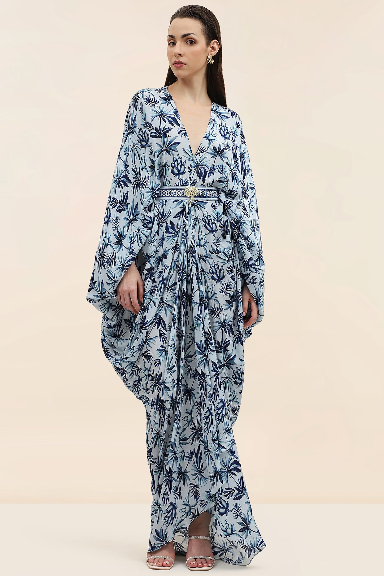 TANGERINE Blue Crepe Palm Printed Kaftan