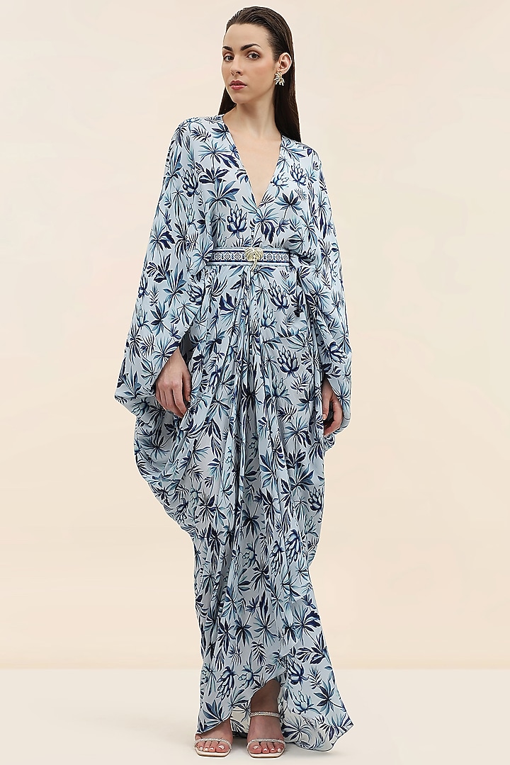 Blue Crepe Palm Printed Kaftan by TANGERINE at Pernia's Pop Up Shop