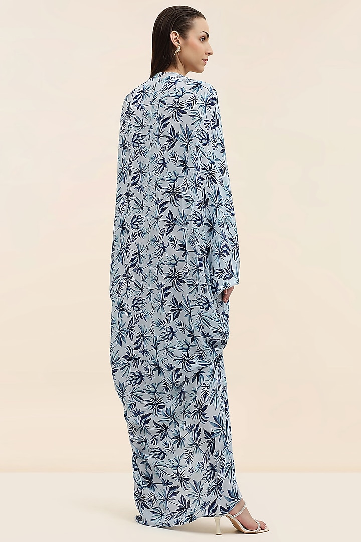 Blue Crepe Palm Printed Kaftan by TANGERINE at Pernia's Pop Up Shop