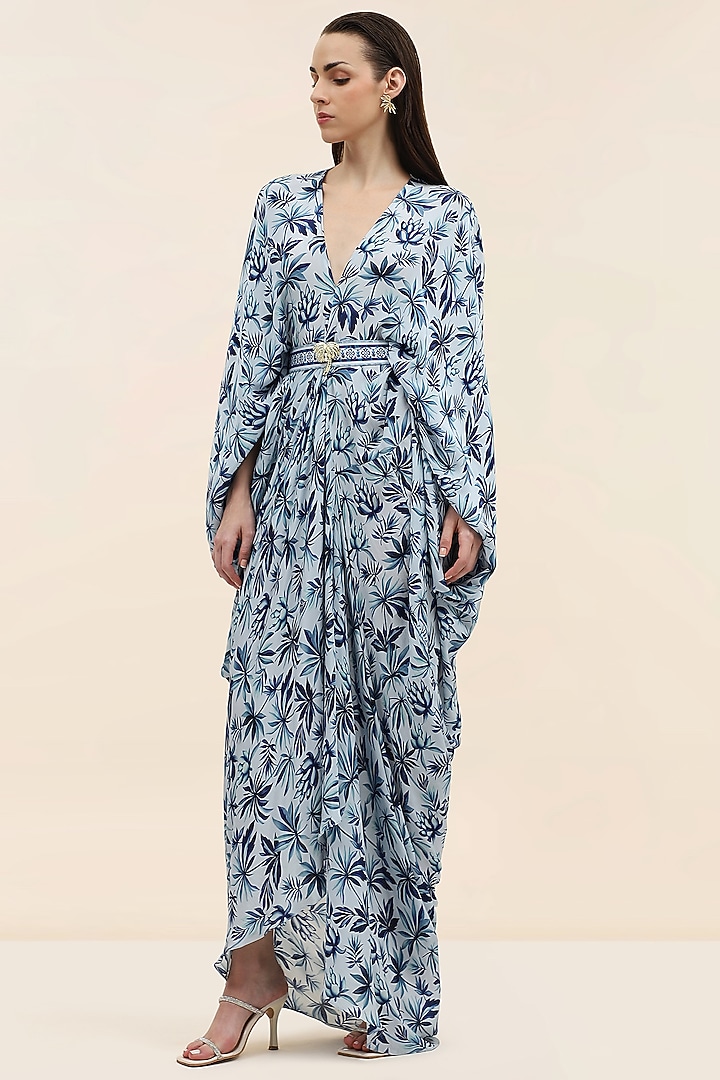 Blue Crepe Palm Printed Kaftan by TANGERINE at Pernia's Pop Up Shop
