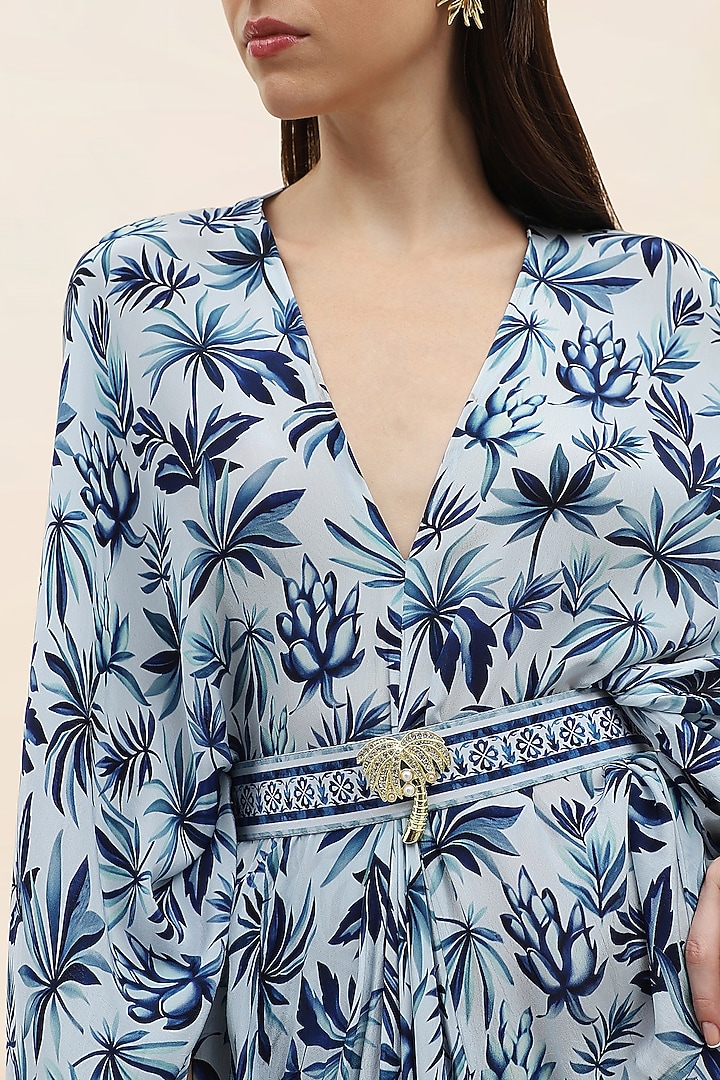 Blue Crepe Palm Printed Kaftan by TANGERINE at Pernia's Pop Up Shop