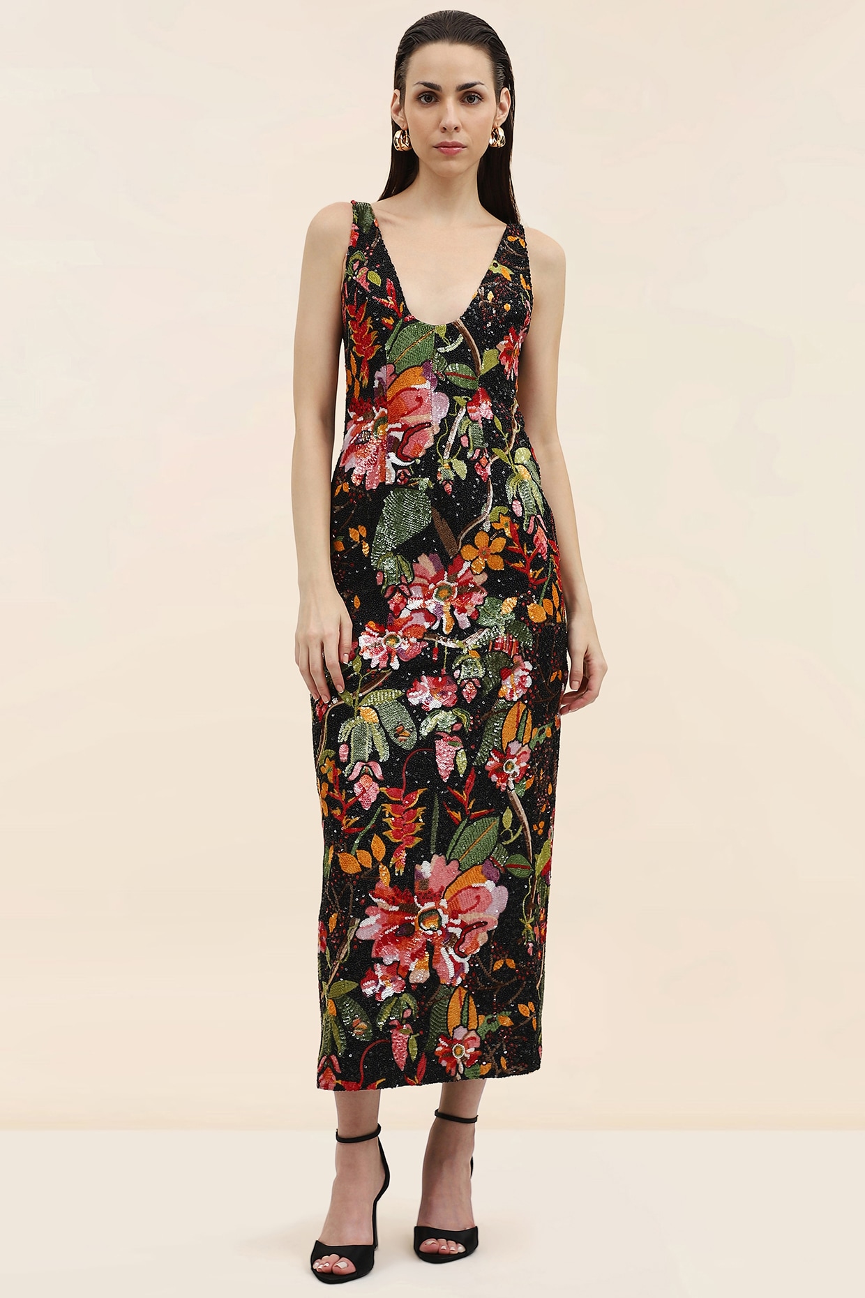 TANGERINE Onyx Black Double Georgette Sequins Embellished Midi Dress