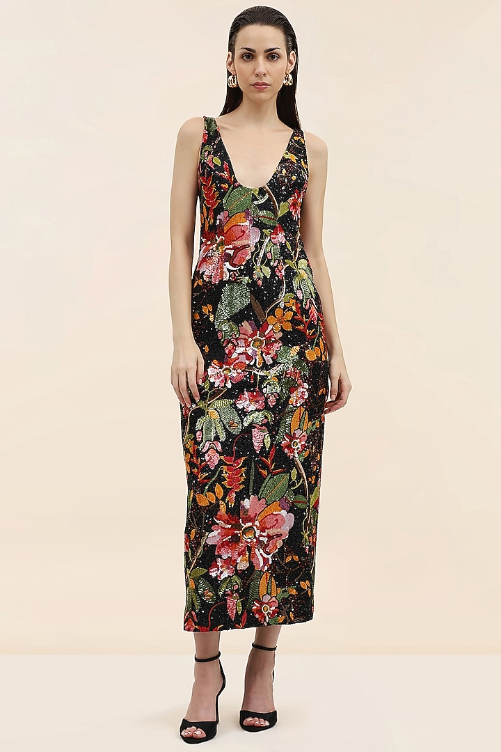 Onyx Black Double Georgette Sequins Embellished Midi Party Wear Dress by TANGERINE at Pernia's Pop Up Shop