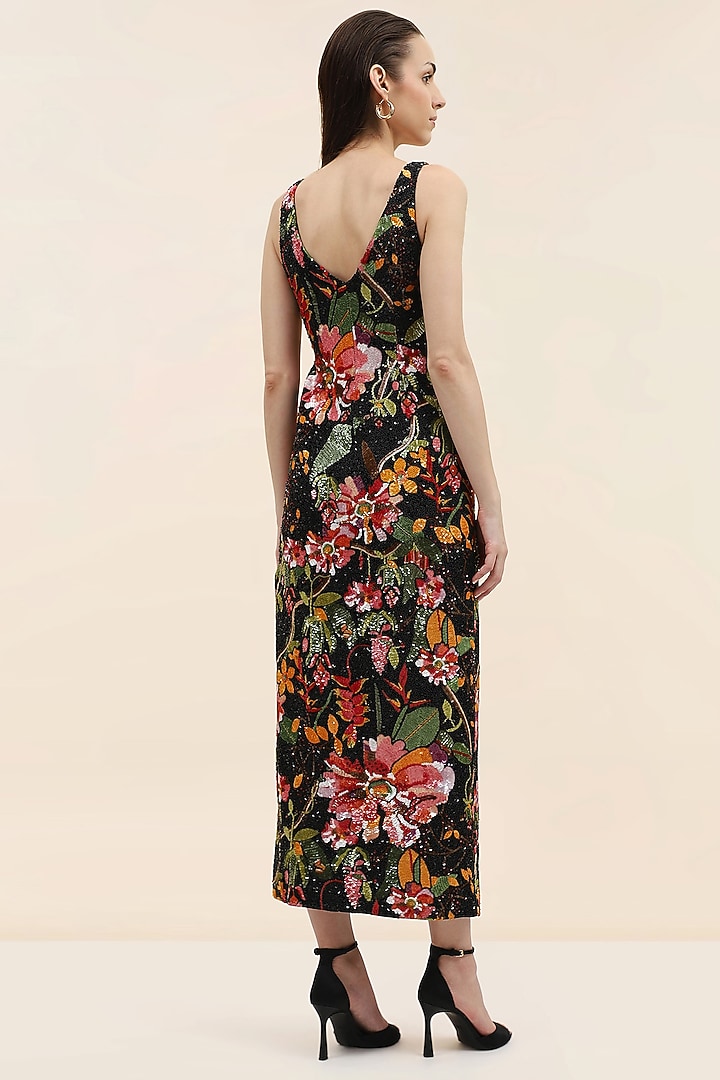 Onyx Black Double Georgette Sequins Embellished Midi Party Wear Dress by TANGERINE at Pernia's Pop Up Shop