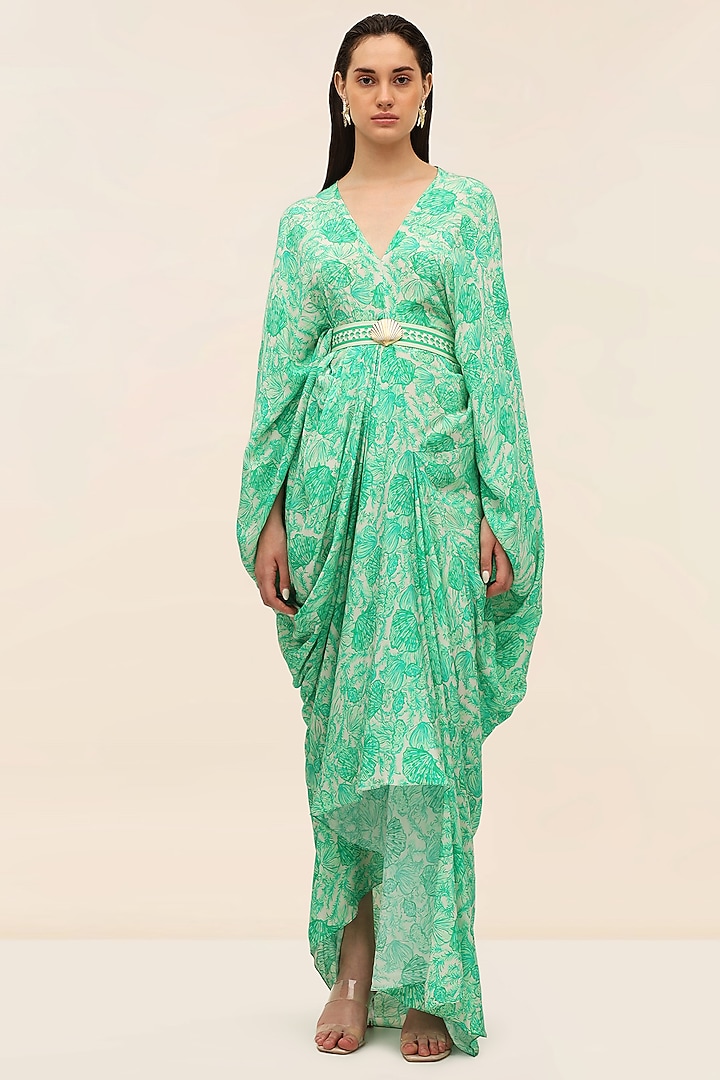 Green Crepe Pleated Kaftan Dress by Taangerine Tiger at Pernia's Pop Up Shop