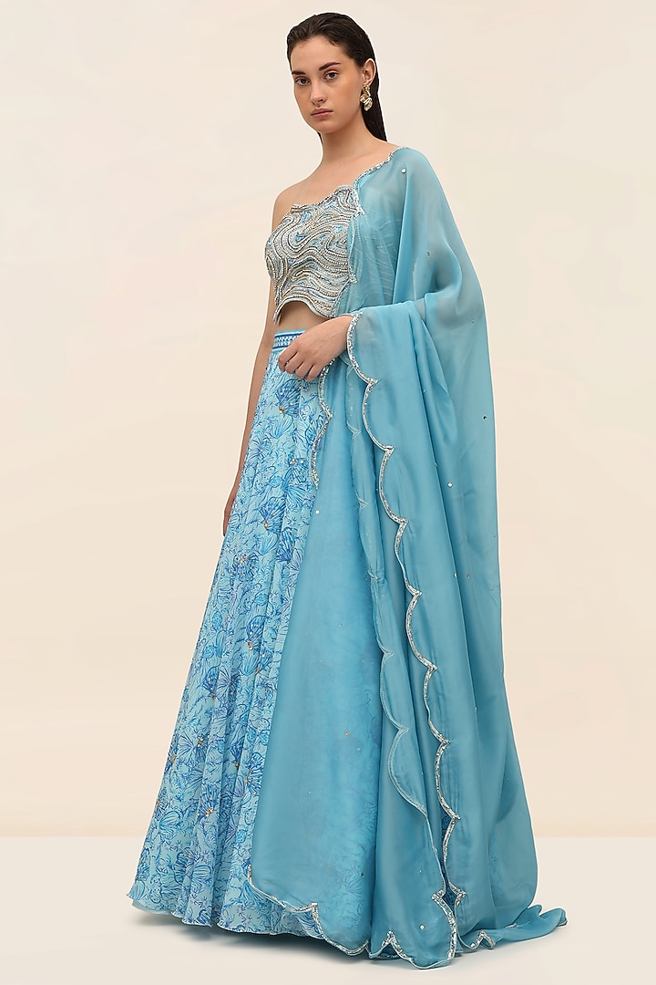 Blue Georgette Printed Wedding Lehenga Set by Taangerine Tiger at Pernia's Pop Up Shop