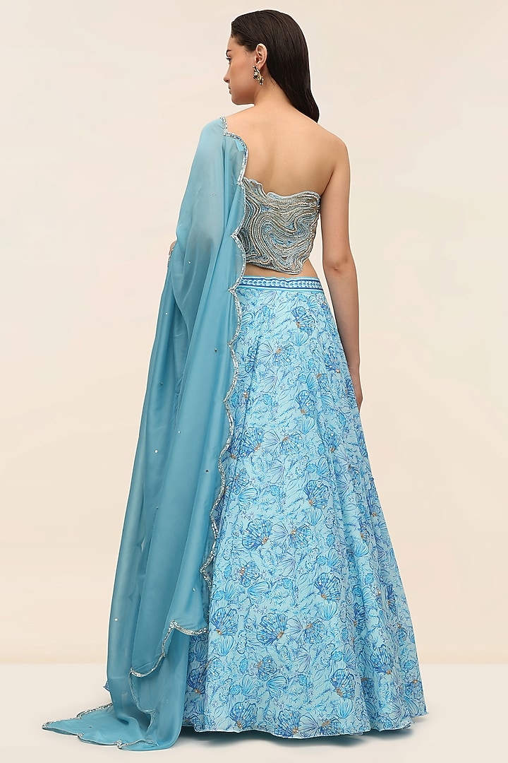 Blue Georgette Printed Wedding Lehenga Set by Taangerine Tiger at Pernia's Pop Up Shop