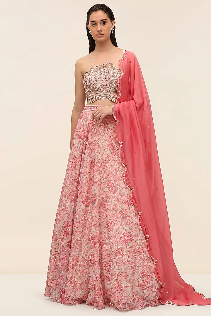 Coral Georgette Printed Wedding Lehenga Set by Taangerine Tiger at Pernia's Pop Up Shop