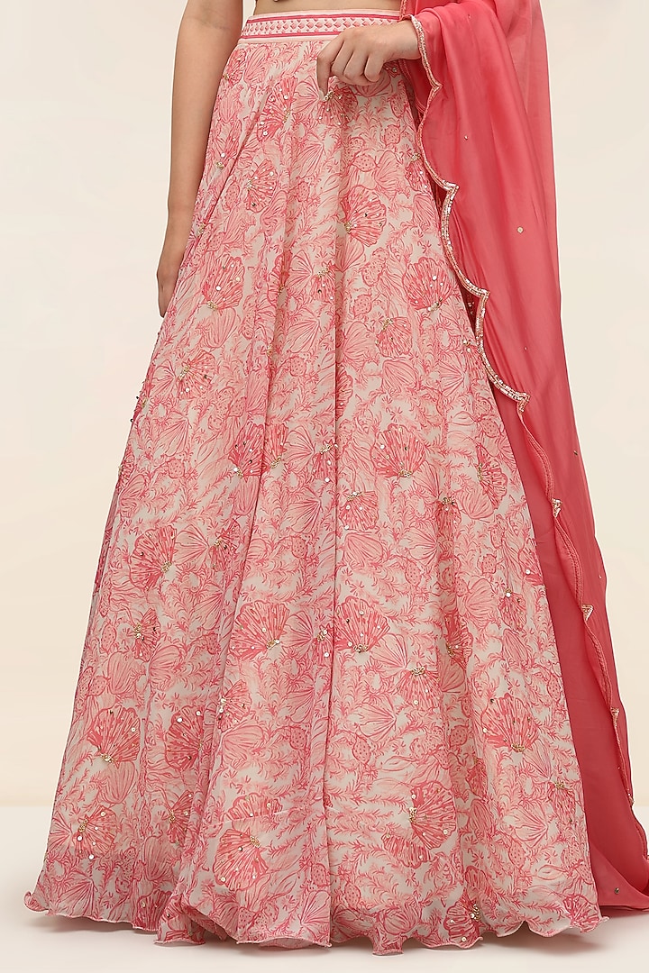 Coral Georgette Printed Wedding Lehenga Set by Taangerine Tiger at Pernia's Pop Up Shop