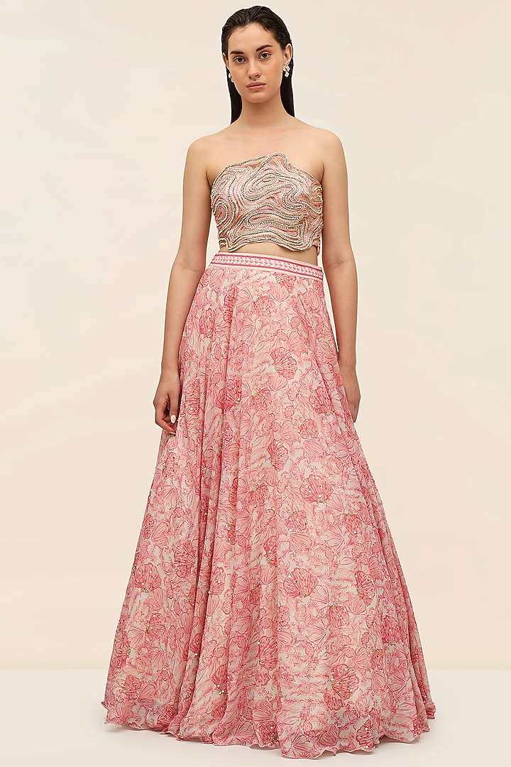 Coral Georgette Printed Wedding Lehenga Set by Taangerine Tiger at Pernia's Pop Up Shop