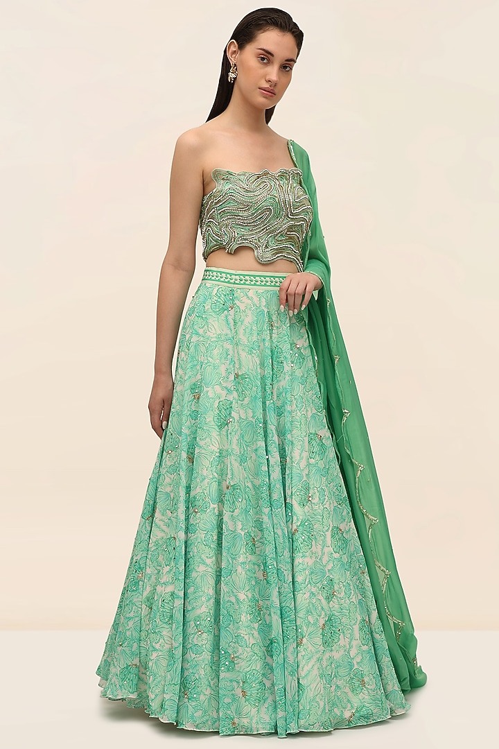 Green Georgette Printed Wedding Lehenga Set by Taangerine Tiger at Pernia's Pop Up Shop