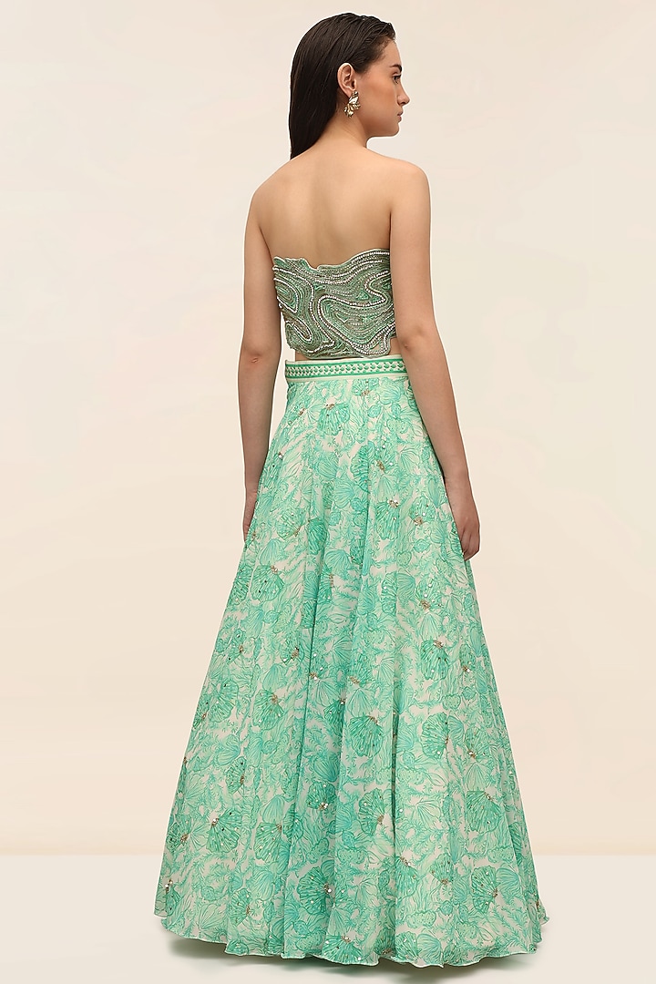Green Georgette Printed Wedding Lehenga Set by Taangerine Tiger at Pernia's Pop Up Shop