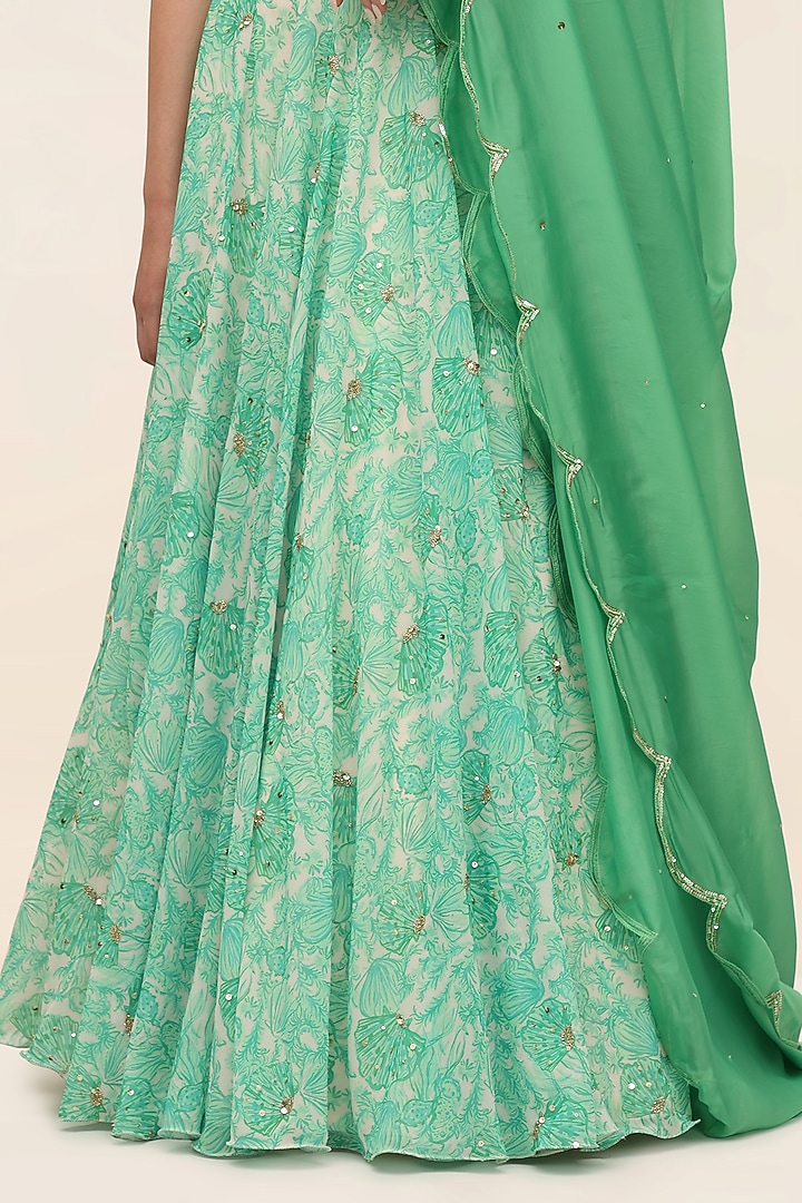 Green Georgette Printed Wedding Lehenga Set by Taangerine Tiger at Pernia's Pop Up Shop