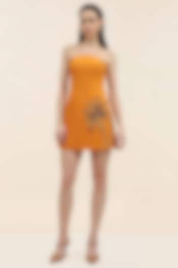 Sunset Yellow Banana Crepe Hand Embroidered Mini Vacation Dress by Taangerine Tiger at Pernia's Pop Up Shop