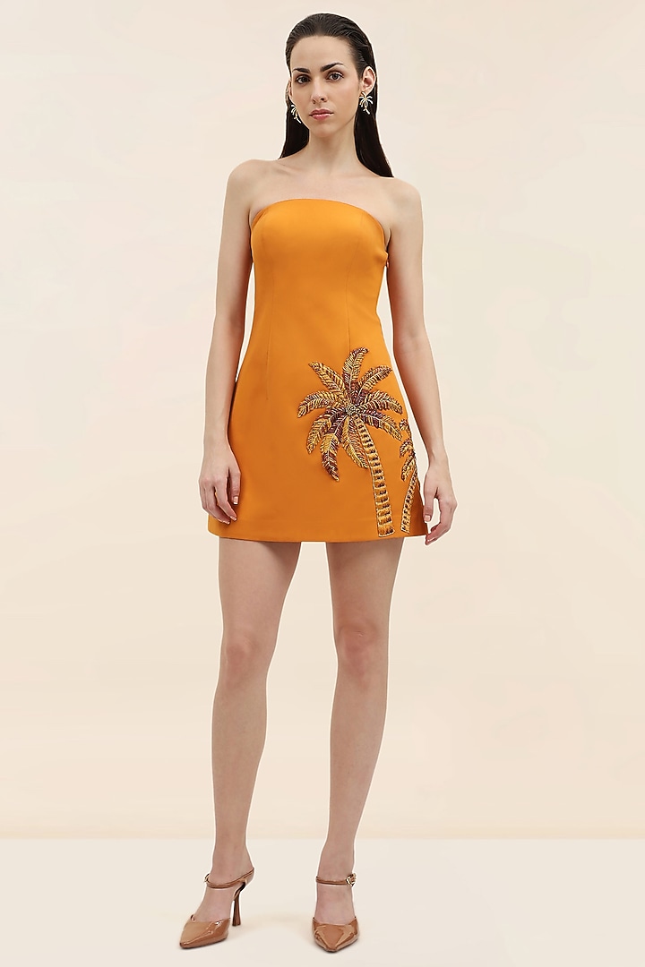 Sunset Yellow Banana Crepe Hand Embroidered Mini Vacation Dress by Taangerine Tiger at Pernia's Pop Up Shop