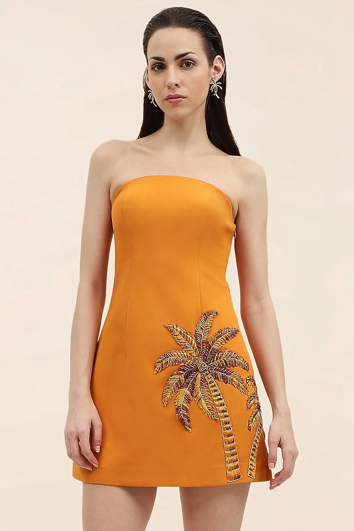 Sunset Yellow Banana Crepe Hand Embroidered Mini Vacation Dress by Taangerine Tiger at Pernia's Pop Up Shop
