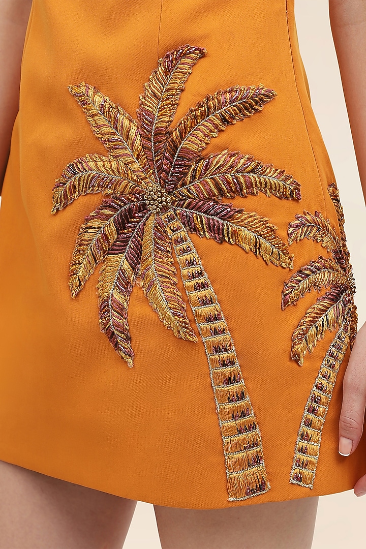 Sunset Yellow Banana Crepe Hand Embroidered Mini Vacation Dress by Taangerine Tiger at Pernia's Pop Up Shop