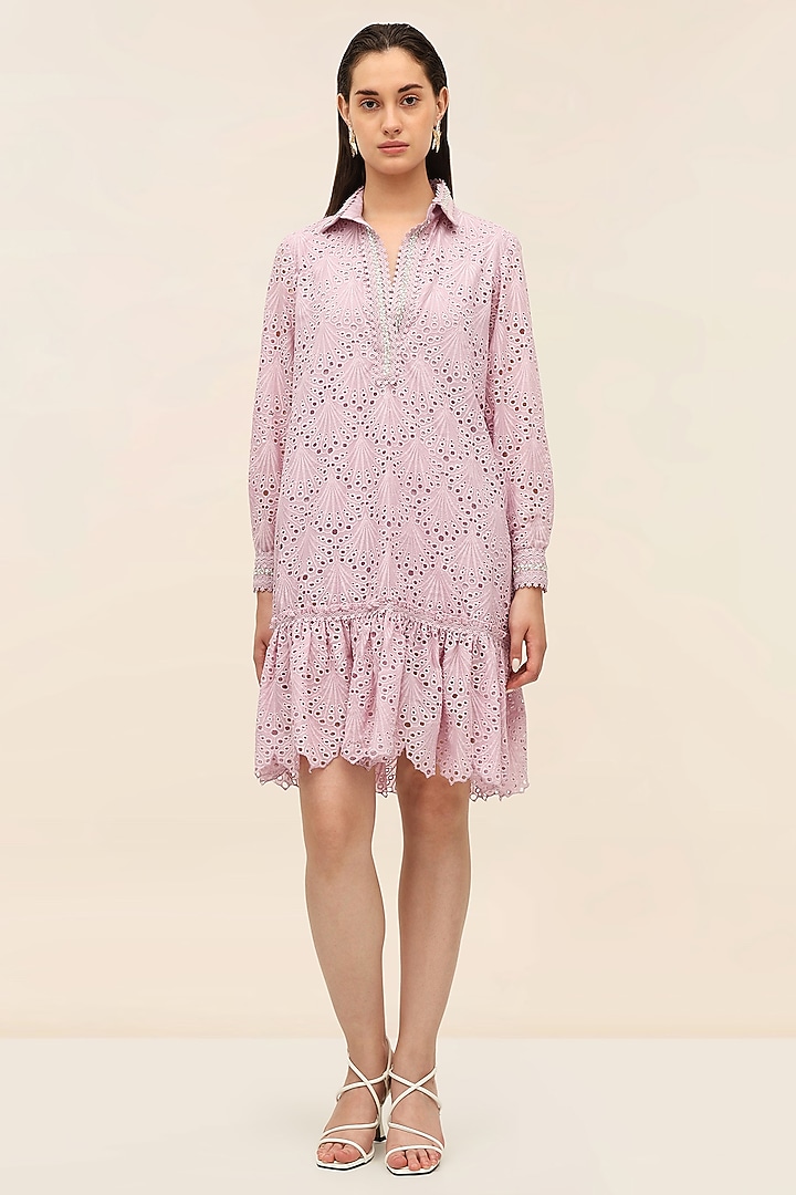 Amethyst Schiffli Hand Embroidered Mini Vacation Dress by TANGERINE at Pernia's Pop Up Shop