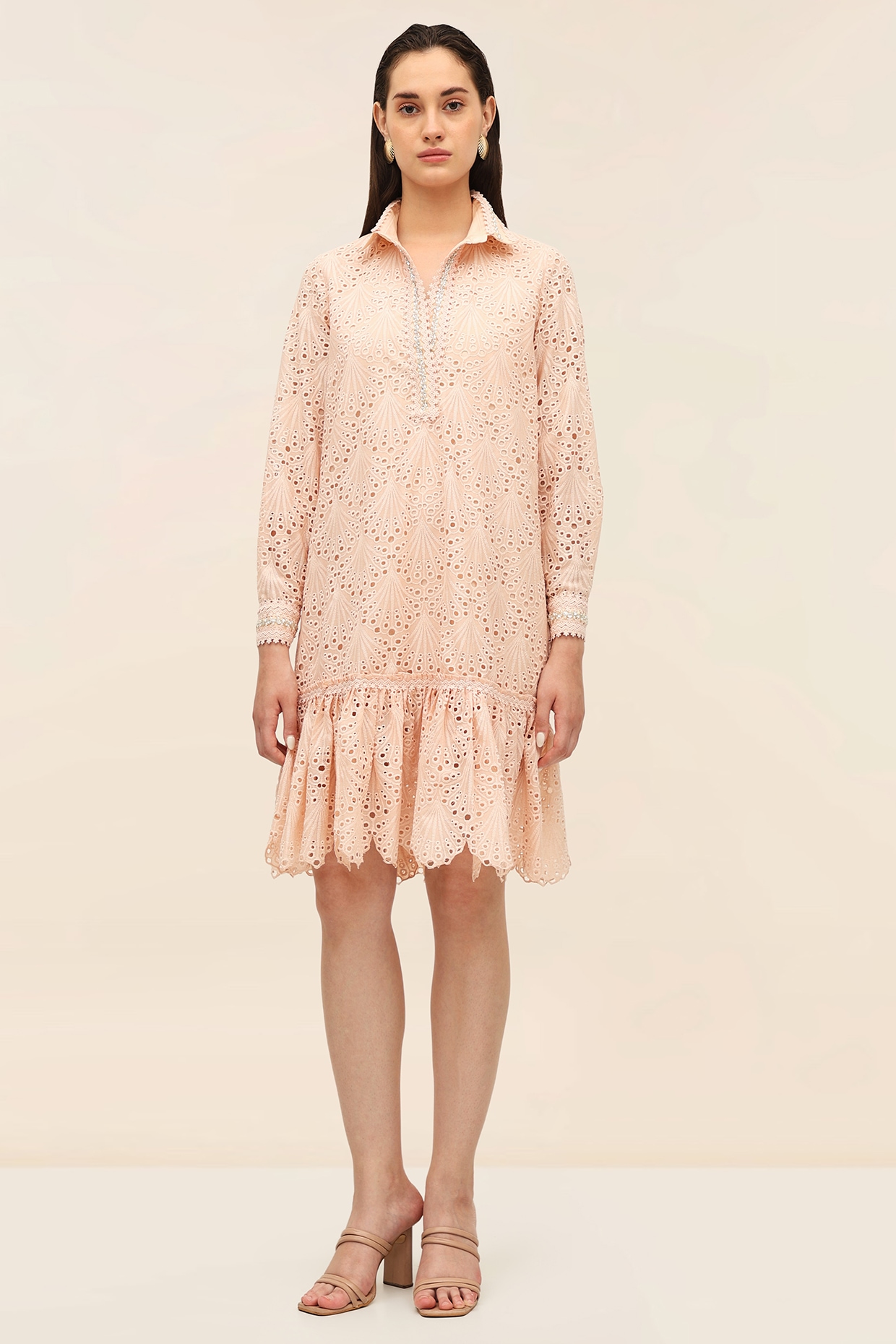 TANGERINE Coral Schiffli Hand Embroidered Mini Dress