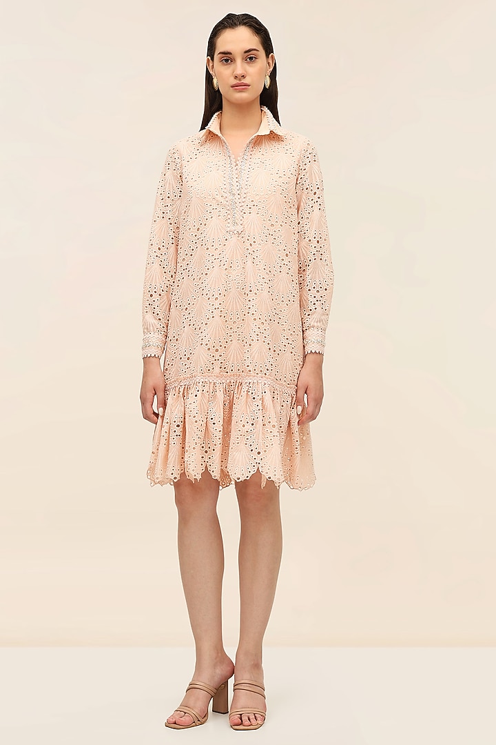 Coral Schiffli Hand Embroidered Mini Vacation Dress by TANGERINE at Pernia's Pop Up Shop