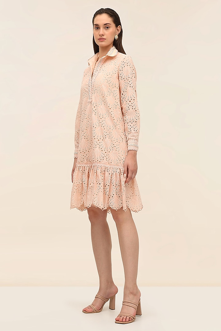 Coral Schiffli Hand Embroidered Mini Vacation Dress by TANGERINE at Pernia's Pop Up Shop