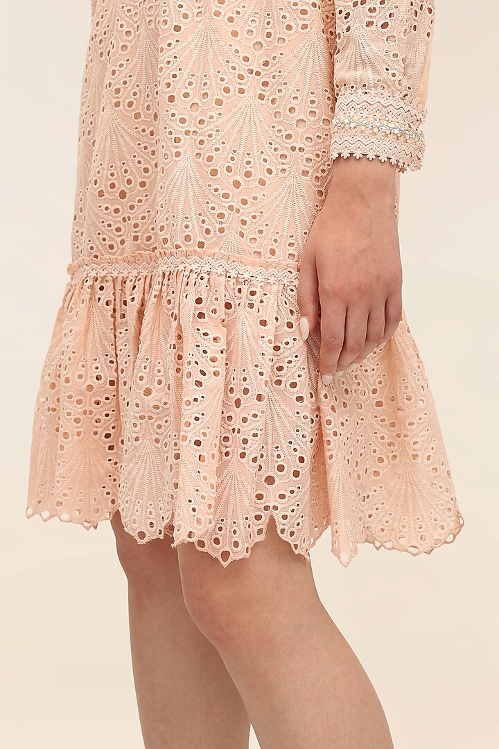 Coral Schiffli Hand Embroidered Mini Vacation Dress by TANGERINE at Pernia's Pop Up Shop