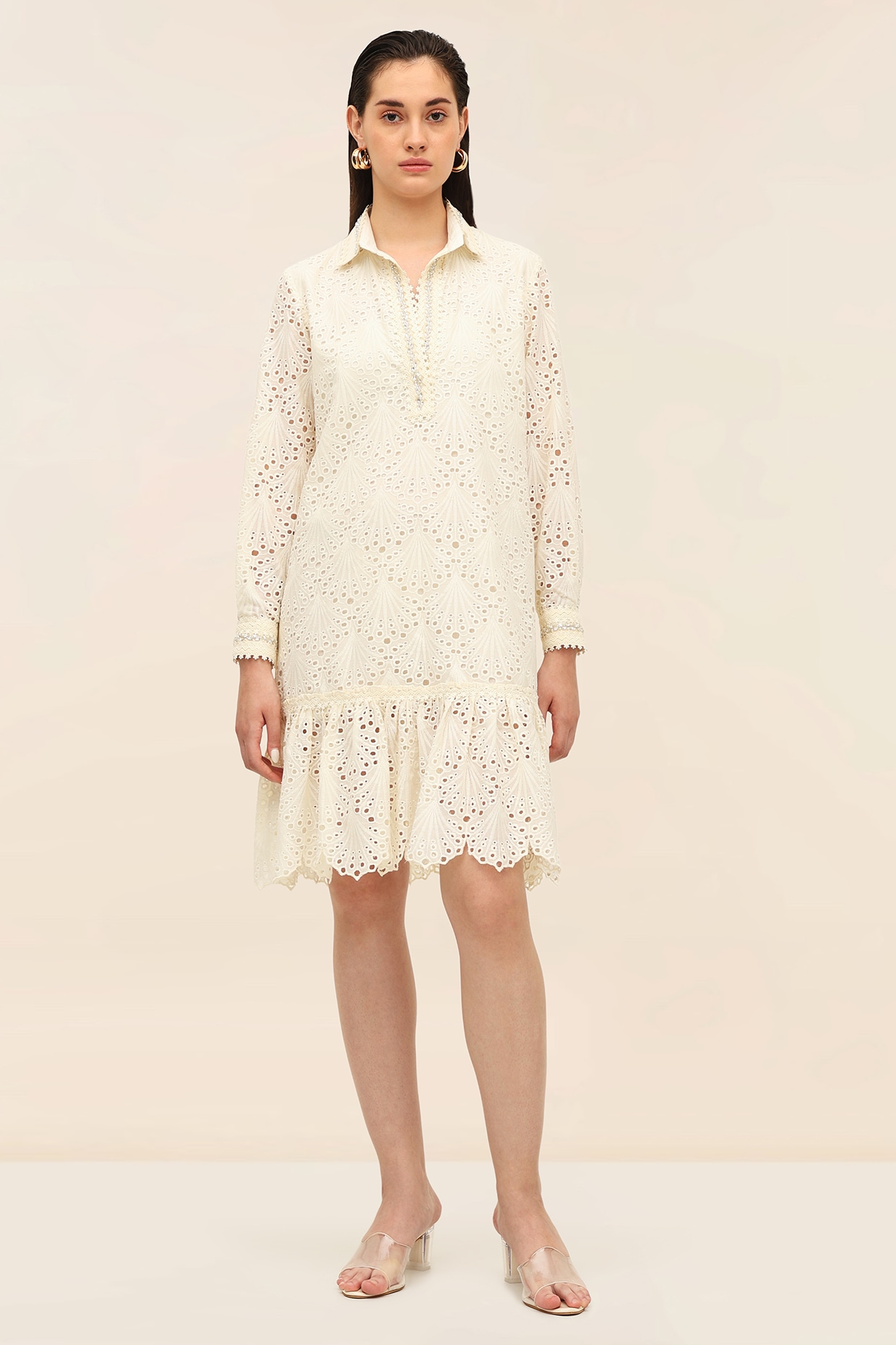 TANGERINE Ivory Schiffli Hand-Embroidered Mini Dress