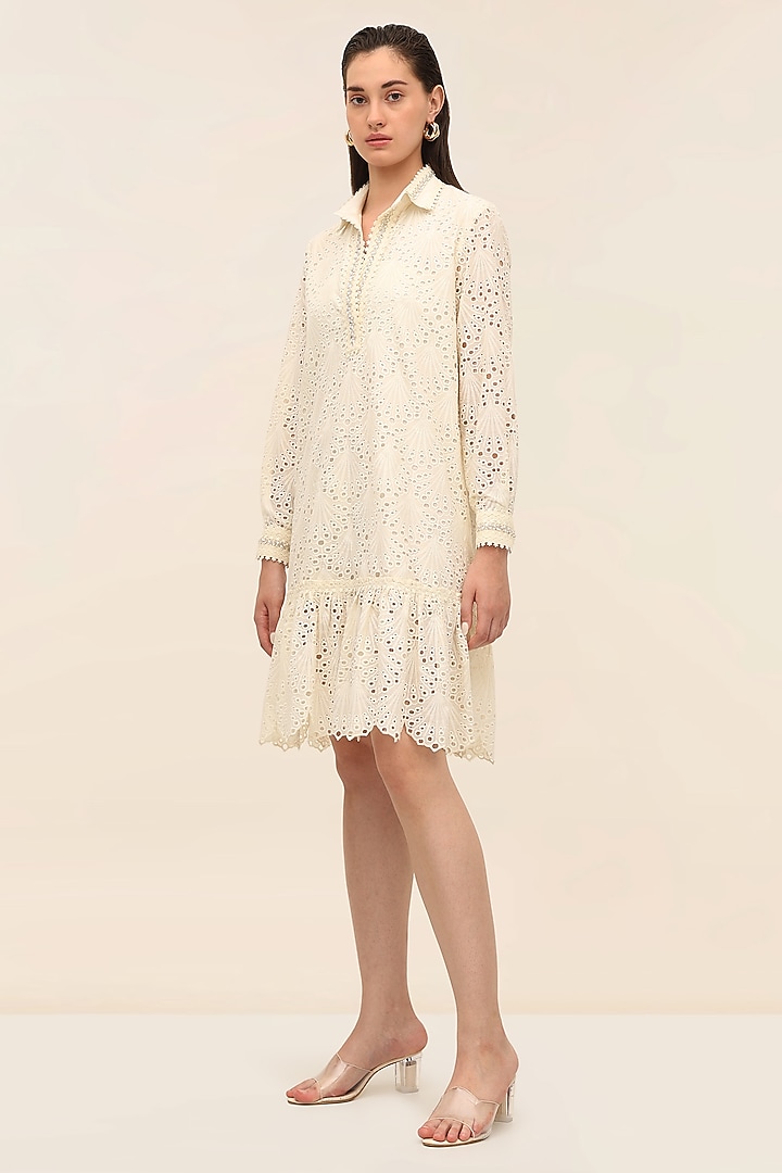 Ivory Schiffli Hand-Embroidered Mini Vacation Dress by TANGERINE at Pernia's Pop Up Shop