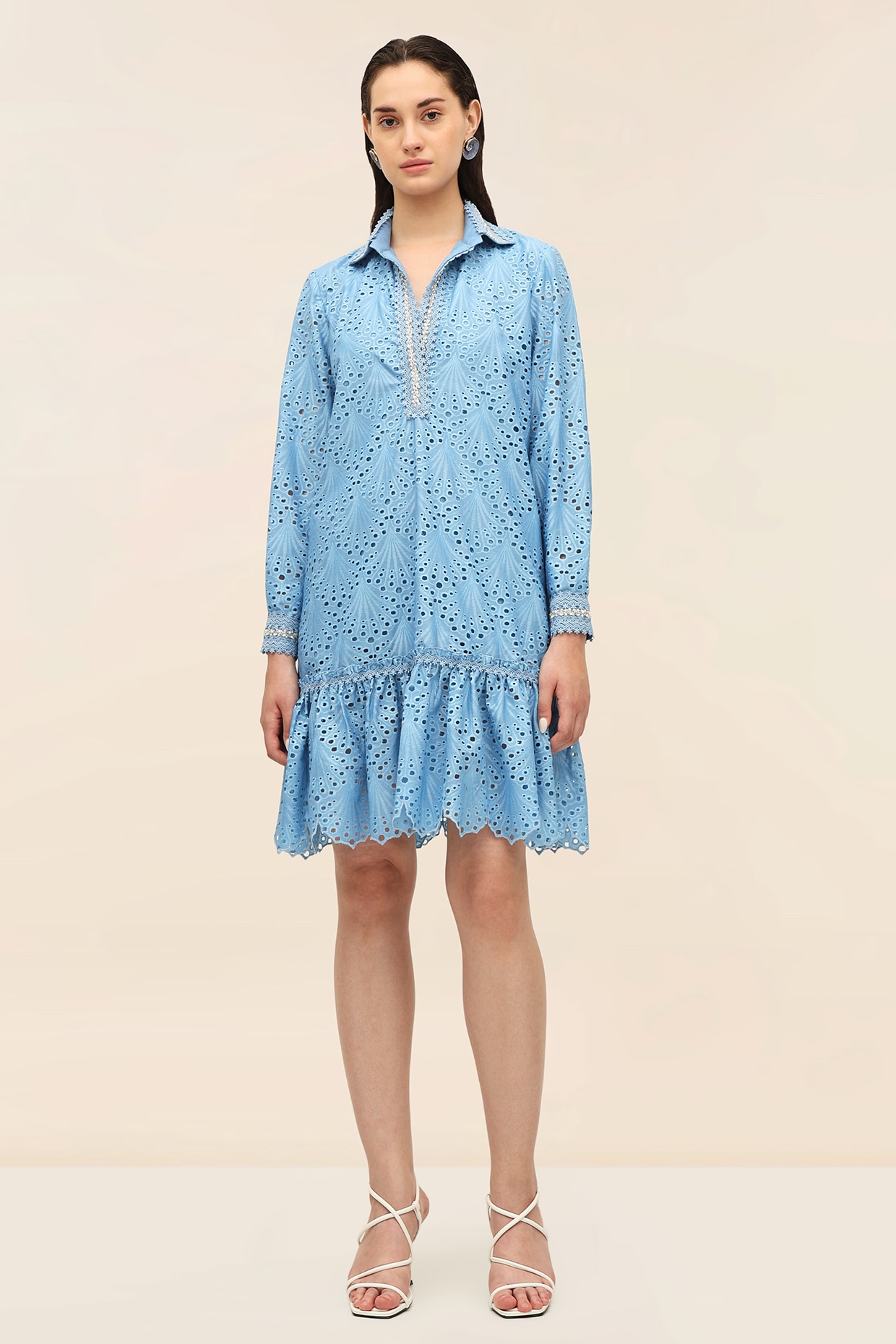 TANGERINE Ocean Blue Schiffli Hand-Embroidered Mini Dress