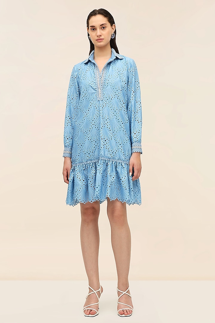 Ocean Blue Schiffli Hand-Embroidered Mini Vacation Dress by TANGERINE at Pernia's Pop Up Shop