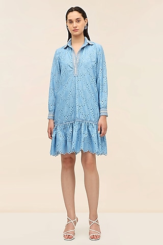 Ocean Blue Schiffli Hand-Embroidered Mini Dress by Taangerine Tiger