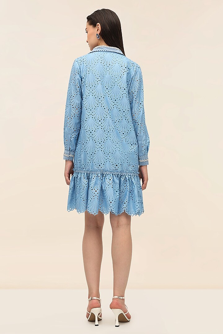 Ocean Blue Schiffli Hand-Embroidered Mini Vacation Dress by TANGERINE at Pernia's Pop Up Shop