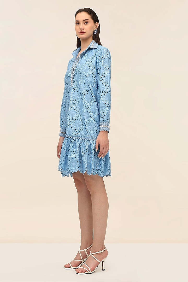 Ocean Blue Schiffli Hand-Embroidered Mini Vacation Dress by TANGERINE at Pernia's Pop Up Shop