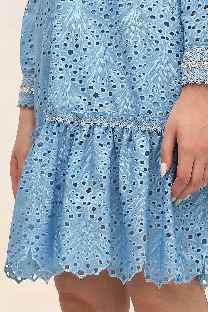 Ocean Blue Schiffli Hand-Embroidered Mini Vacation Dress by TANGERINE at Pernia's Pop Up Shop