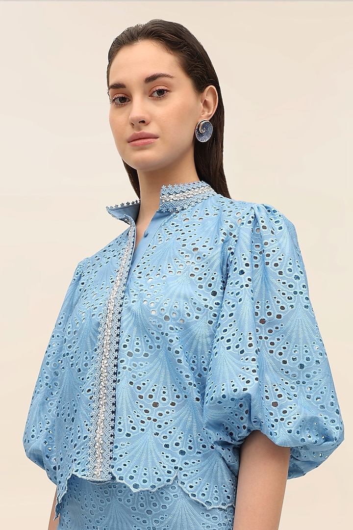 Ocean Blue Schiffli Printed Co-Ord Set by TANGERINE at Pernia's Pop Up Shop