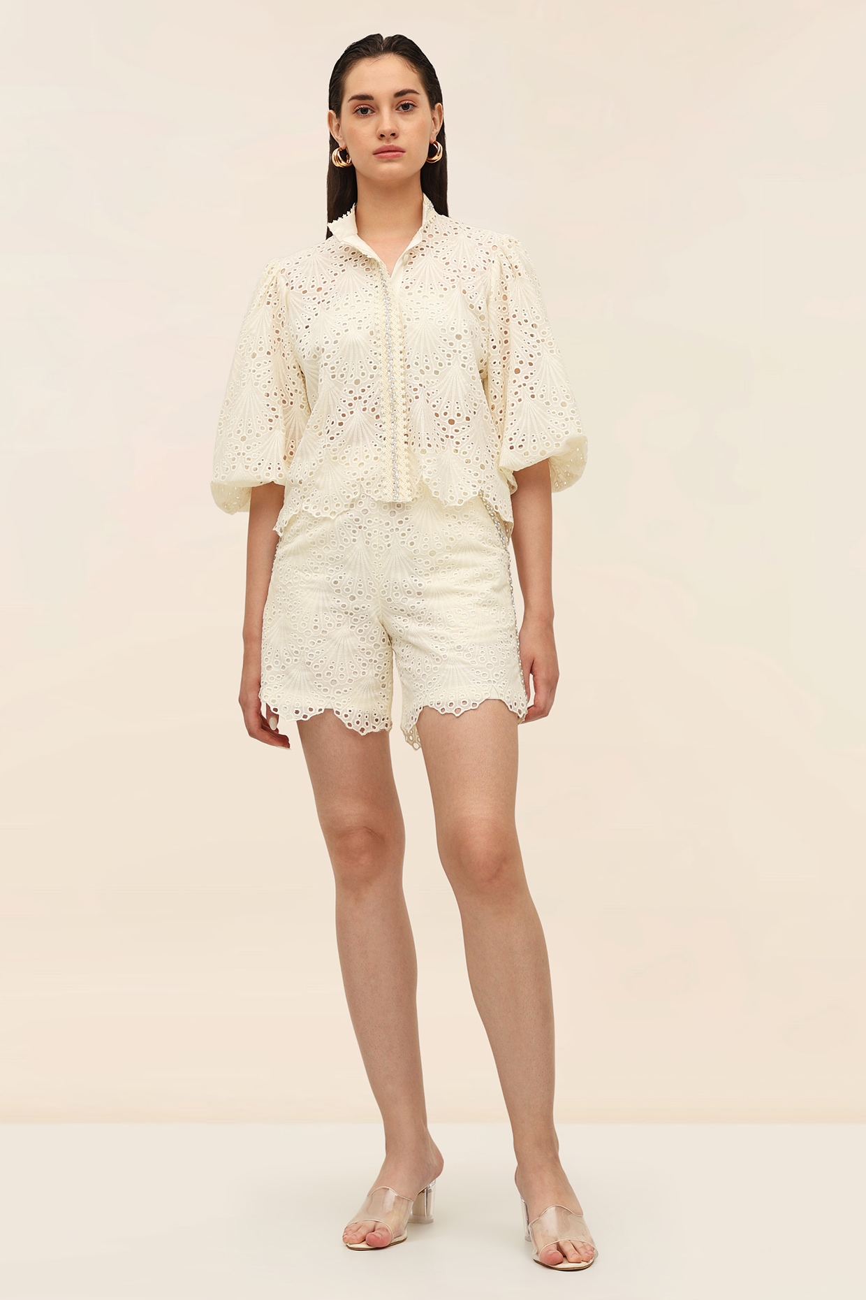 TANGERINE Ivory Schiffli Scalloped Co-Ord Set