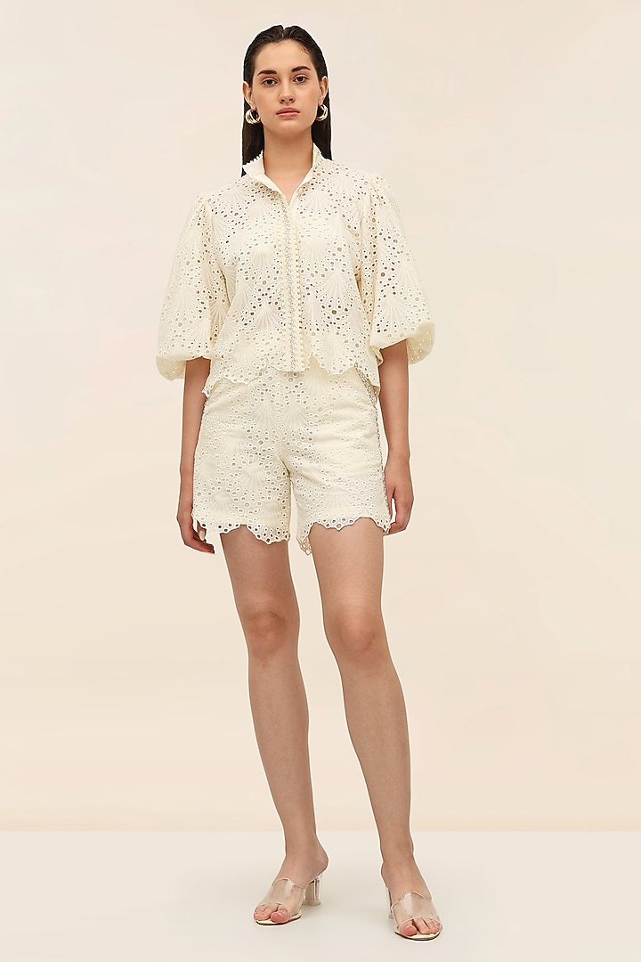 Ivory Schiffli Scalloped Co-Ord Set by Taangerine Tiger at Pernia's Pop Up Shop
