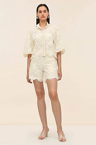 Ivory Schiffli Scalloped Co-Ord Set by Taangerine Tiger