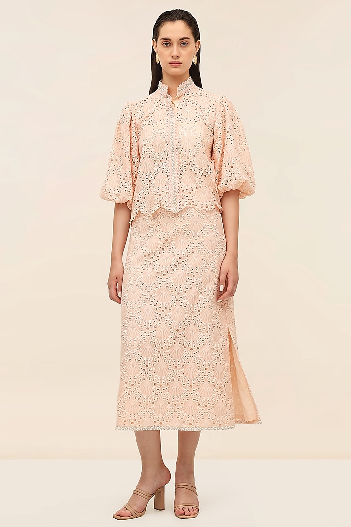 Coral Schiffli Midi Pencil Skirt by Taangerine Tiger at Pernia's Pop Up Shop