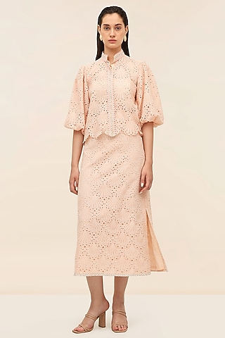 Coral Schiffli Midi Pencil Skirt by Taangerine Tiger