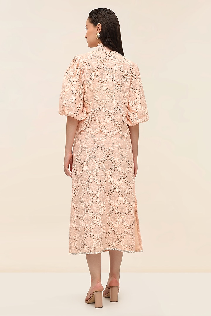 Coral Schiffli Midi Pencil Skirt by TANGERINE at Pernia's Pop Up Shop