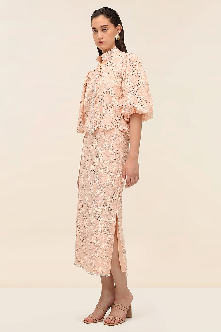 Coral Schiffli Midi Pencil Skirt by TANGERINE at Pernia's Pop Up Shop